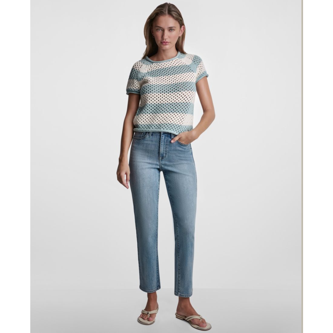 Dkny Jeans Petite Short-Sleeve Raglan Stripe Crewneck Pointelle Sweater