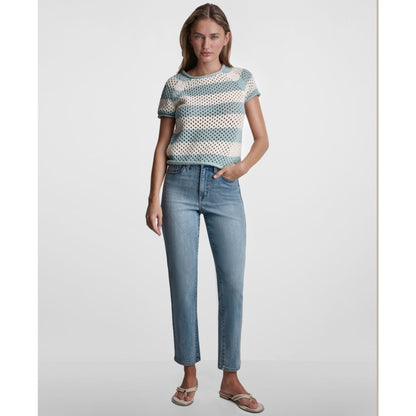 Dkny Jeans Petite Short-Sleeve Raglan Stripe Crewneck Pointelle Sweater