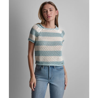 Dkny Jeans Petite Short-Sleeve Raglan Stripe Crewneck Pointelle Sweater