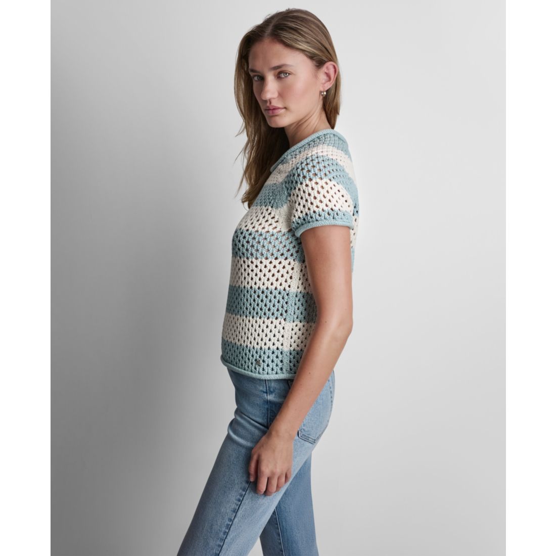 Dkny Jeans Petite Short-Sleeve Raglan Stripe Crewneck Pointelle Sweater