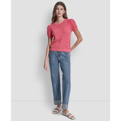Dkny Jeans Petite Short-Sleeve Lace Pointelle Stitch Sweater