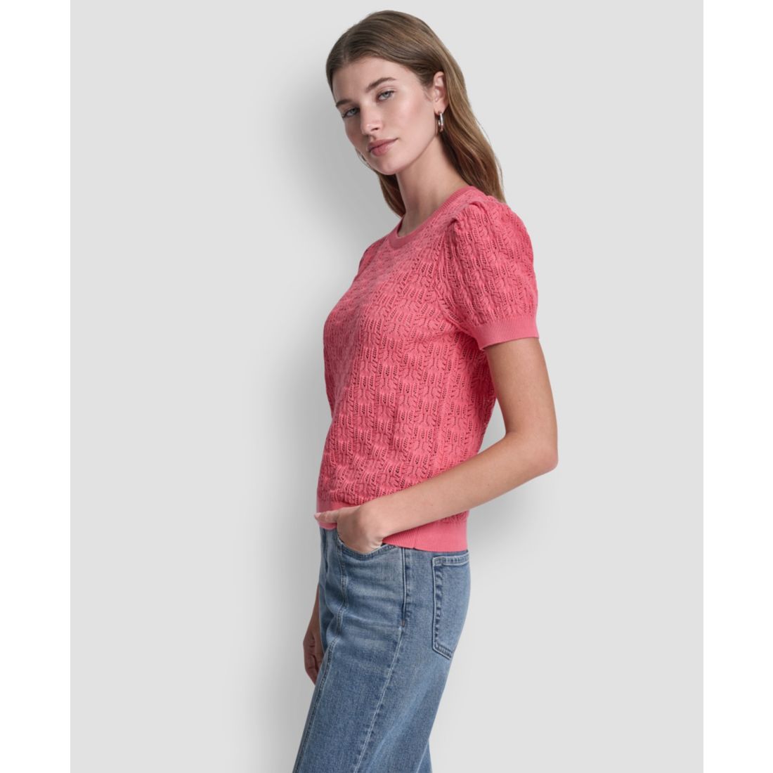 Dkny Jeans Petite Short-Sleeve Lace Pointelle Stitch Sweater