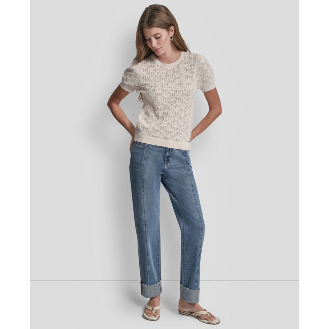 Dkny Jeans Petite Short-Sleeve Lace Pointelle Stitch Sweater