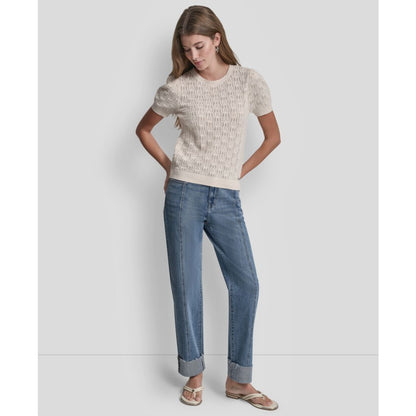 Dkny Jeans Petite Short-Sleeve Lace Pointelle Stitch Sweater