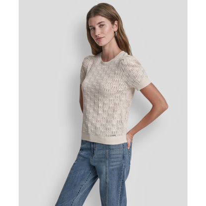 Dkny Jeans Petite Short-Sleeve Lace Pointelle Stitch Sweater