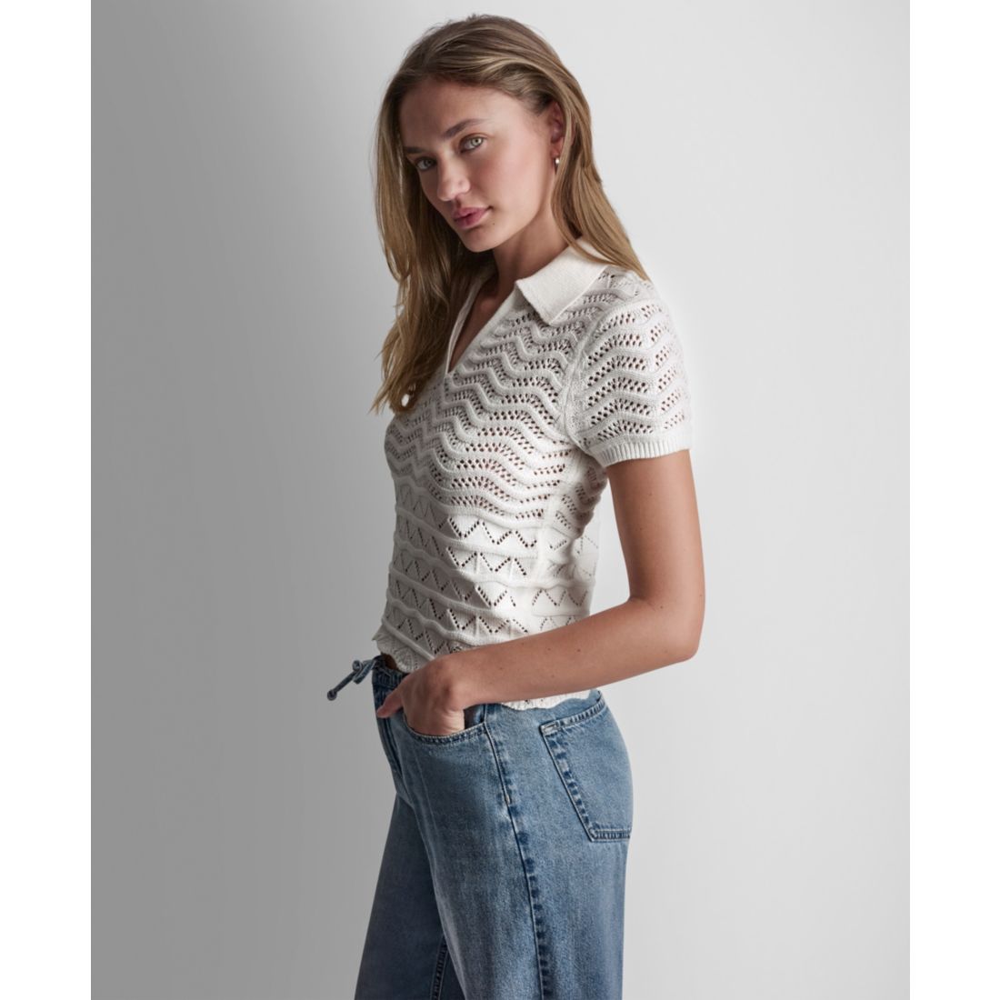Dkny Jeans Petite Short-Sleeve V-Neck Polo Pointelle Sweater