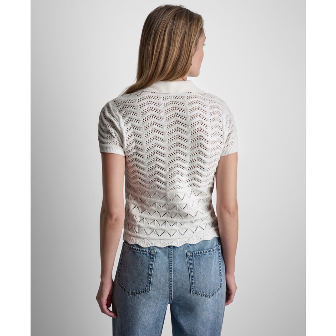 Dkny Jeans Petite Short-Sleeve V-Neck Polo Pointelle Sweater