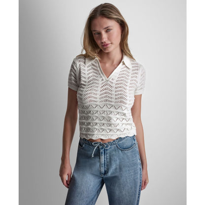 Dkny Jeans Petite Short-Sleeve V-Neck Polo Pointelle Sweater