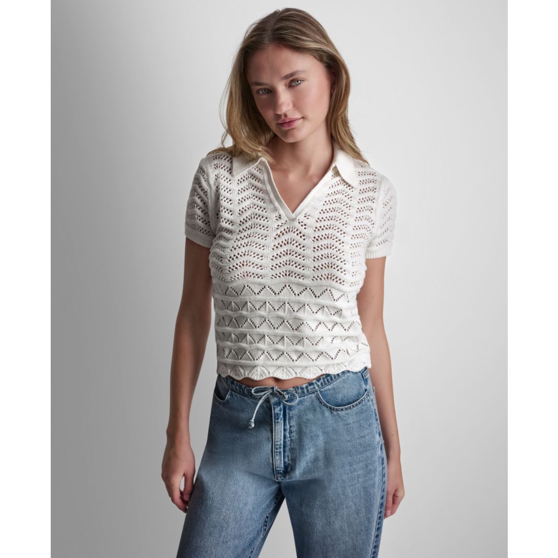 Dkny Jeans Petite Short-Sleeve V-Neck Polo Pointelle Sweater