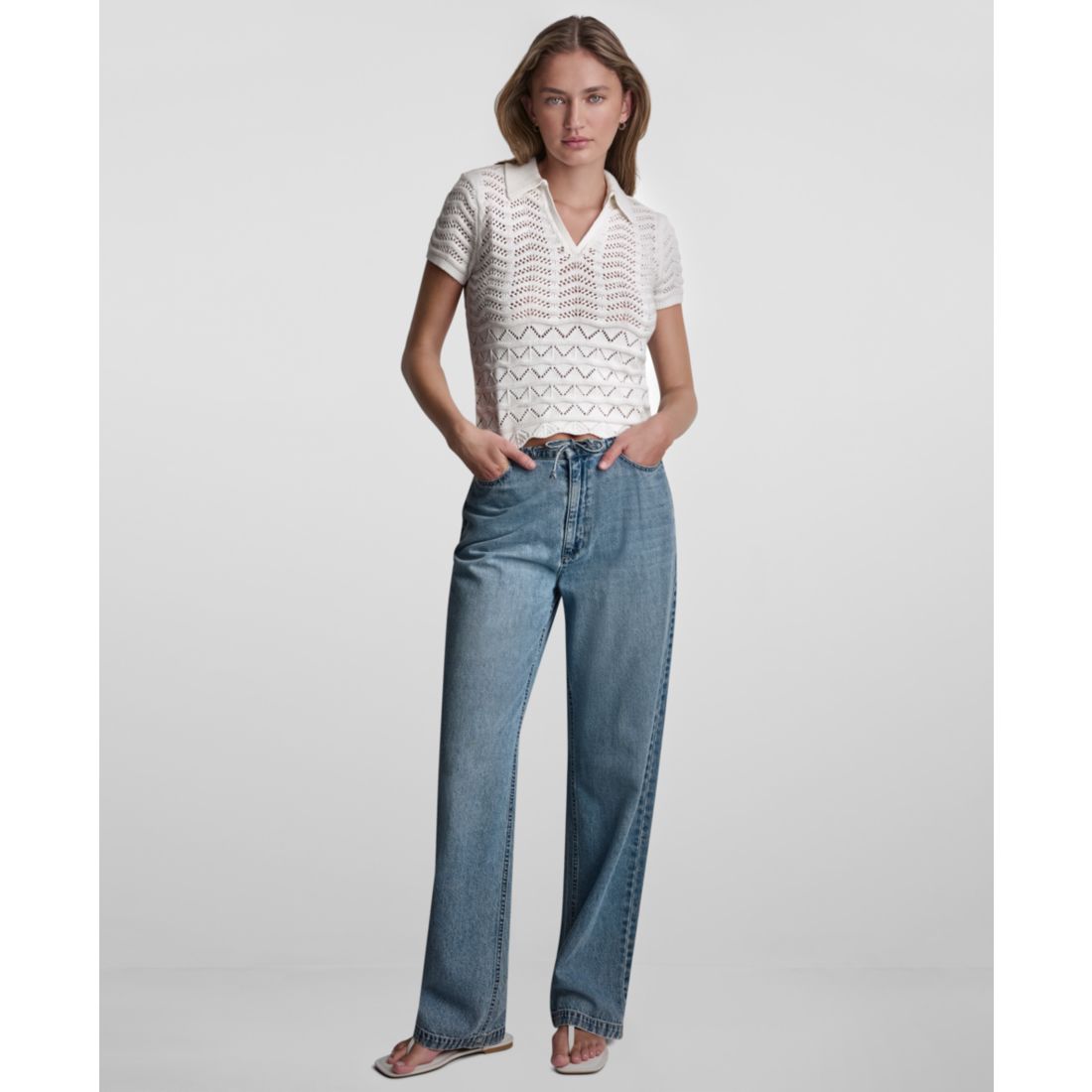 Dkny Jeans Petite Short-Sleeve V-Neck Polo Pointelle Sweater