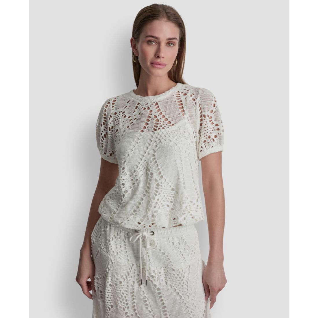 Dkny Women's Leaf Crochet Short-Sleeve Top