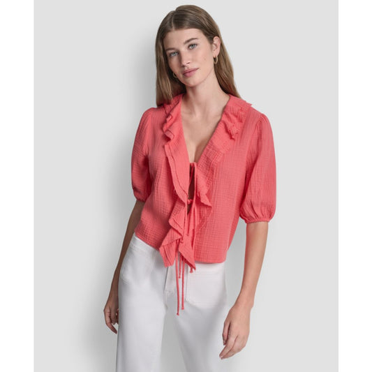 Dkny Jeans Women's V-Neck Short Puff Sleeve Tie-Front Shirt