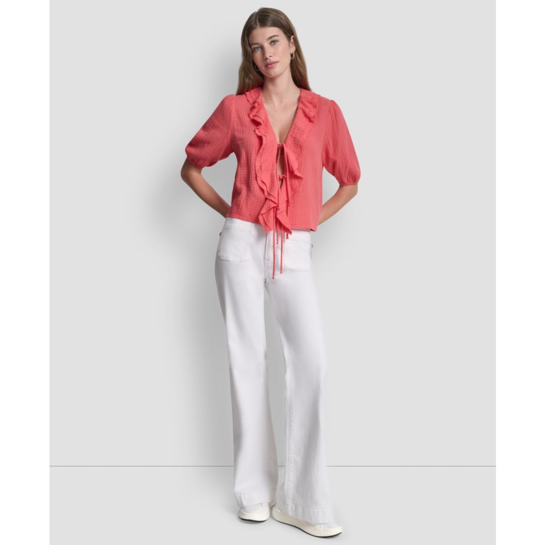 Dkny Jeans Women's V-Neck Short Puff Sleeve Tie-Front Shirt