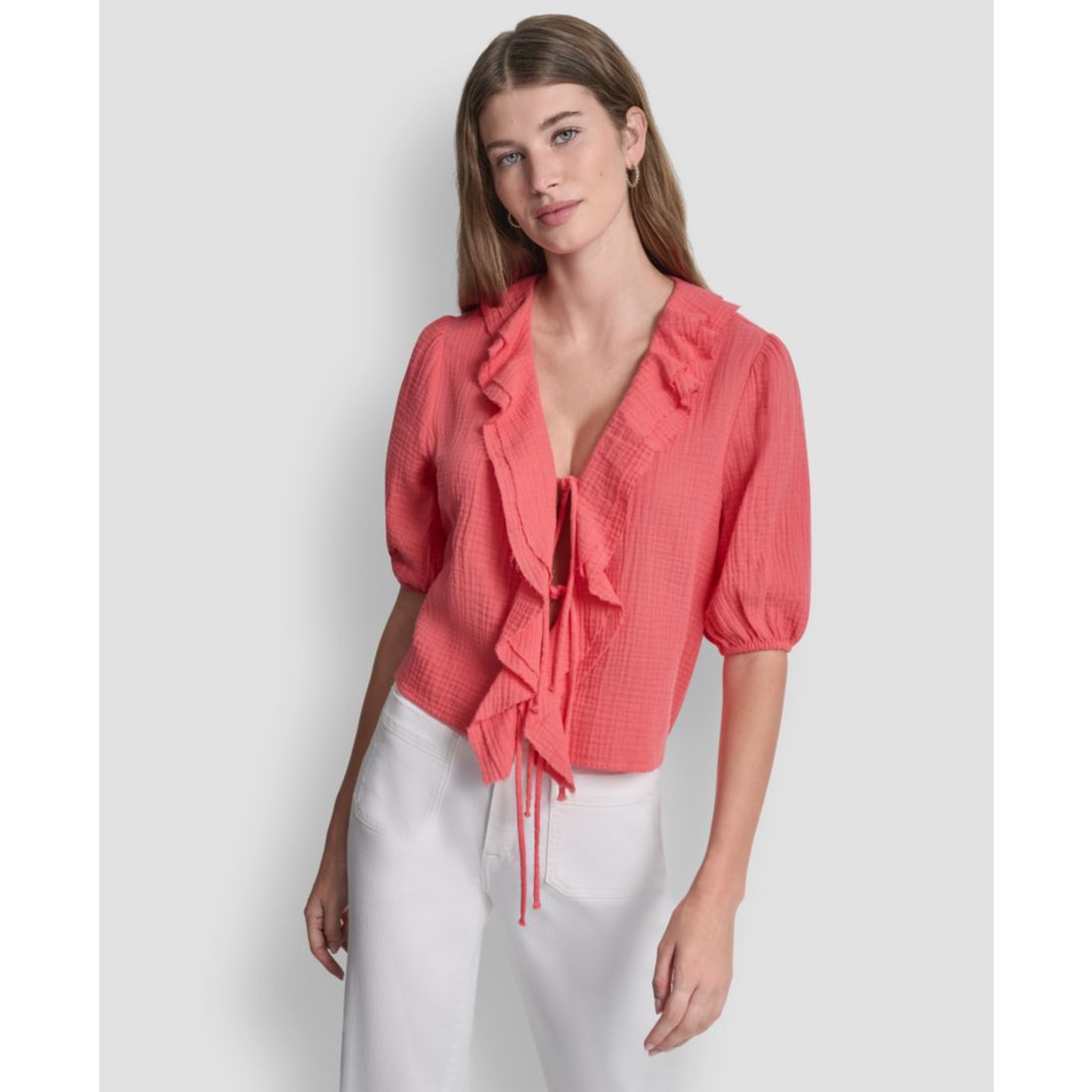 Dkny Jeans Women's V-Neck Short Puff Sleeve Tie-Front Shirt