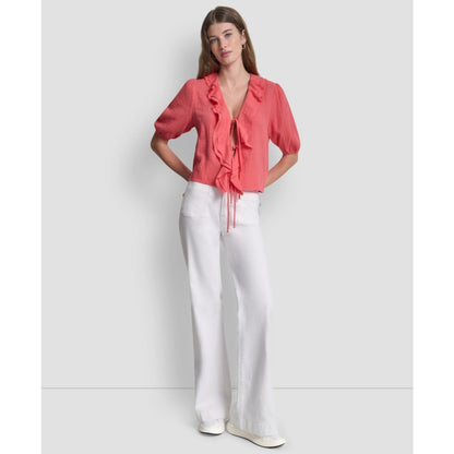 Dkny Jeans Women's V-Neck Short Puff Sleeve Tie-Front Shirt
