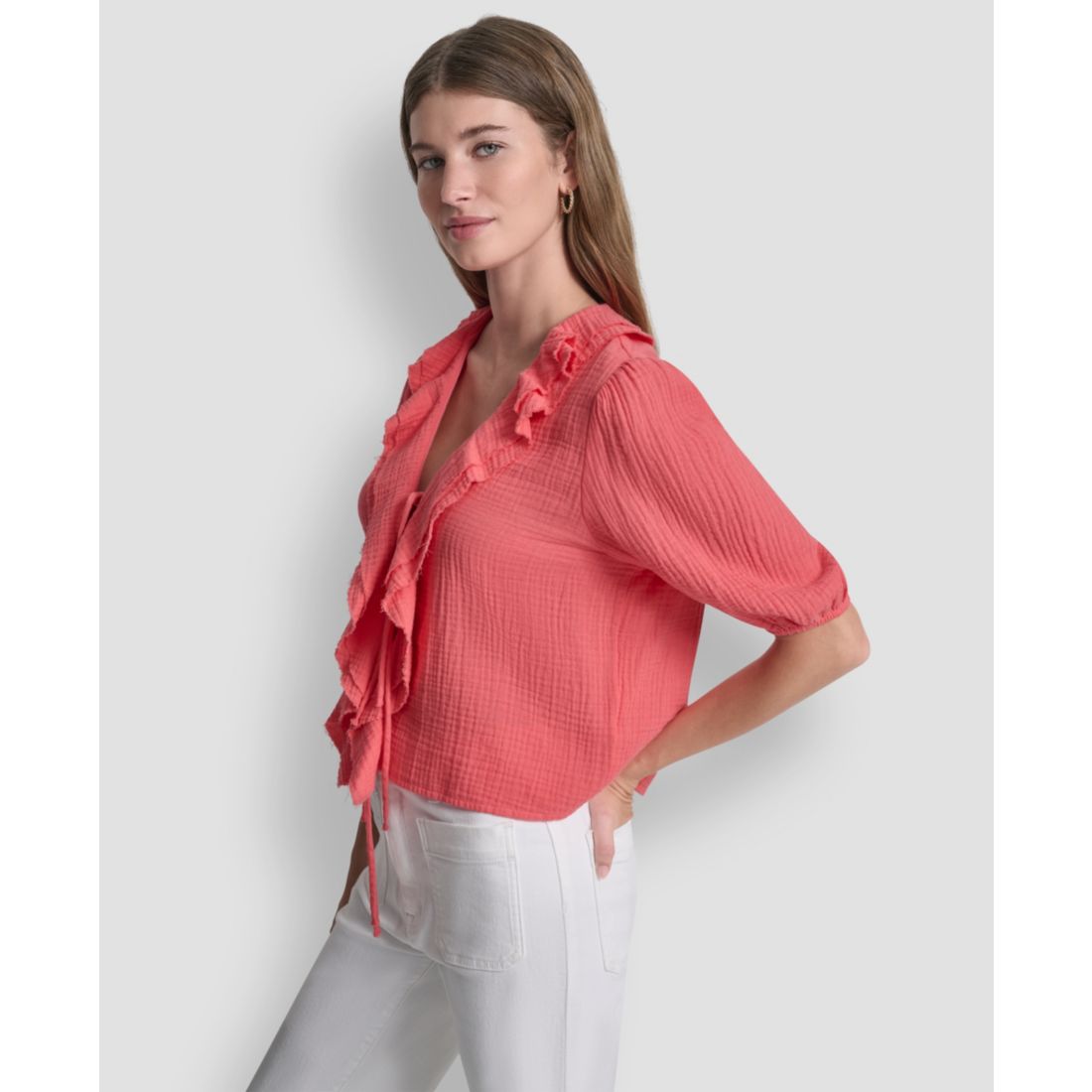 Dkny Jeans Women's V-Neck Short Puff Sleeve Tie-Front Shirt