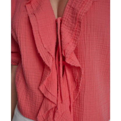 Dkny Jeans Women's V-Neck Short Puff Sleeve Tie-Front Shirt