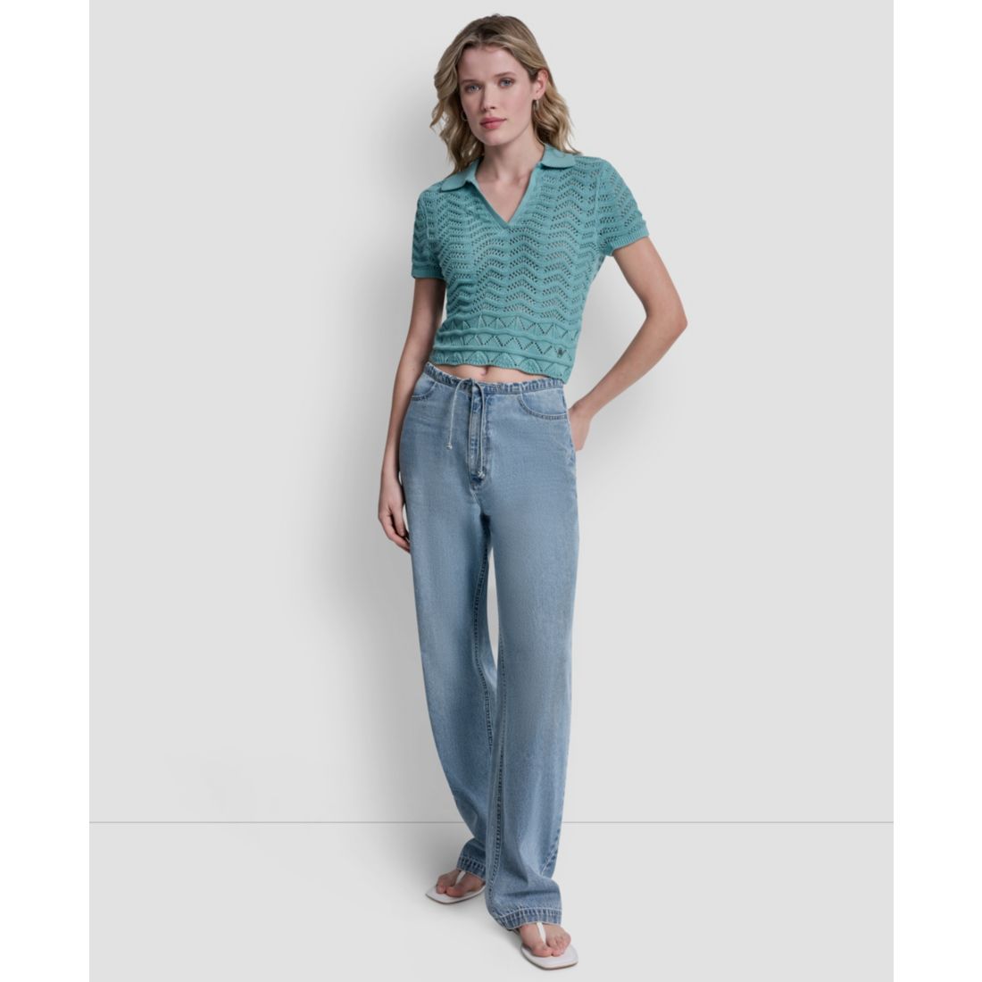 Dkny Jeans Women's Short-Sleeve V-Neck Polo Cropped Sweater