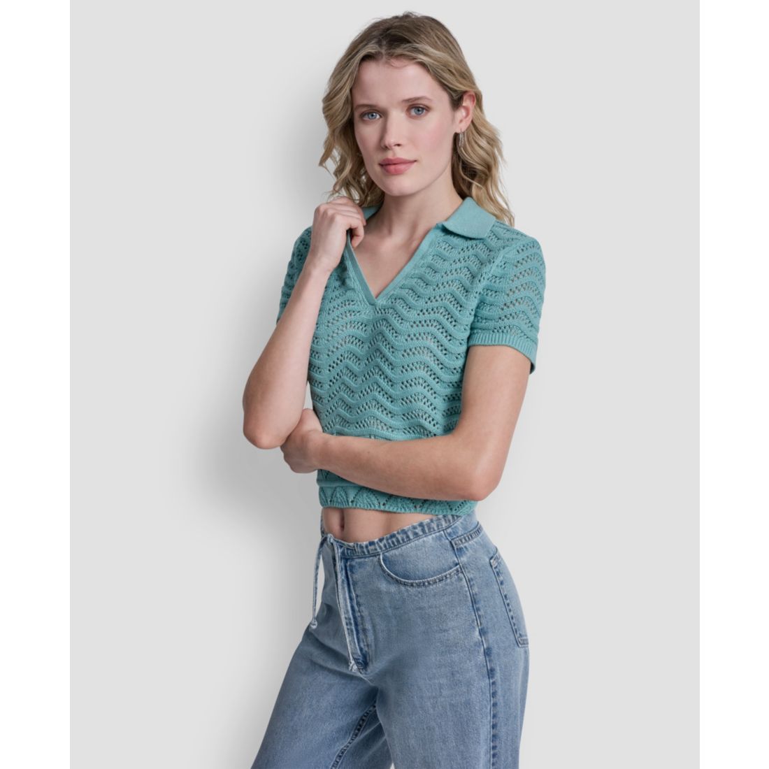 Dkny Jeans Women's Short-Sleeve V-Neck Polo Cropped Sweater