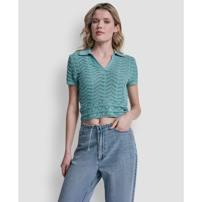 Dkny Jeans Women's Short-Sleeve V-Neck Polo Cropped Sweater