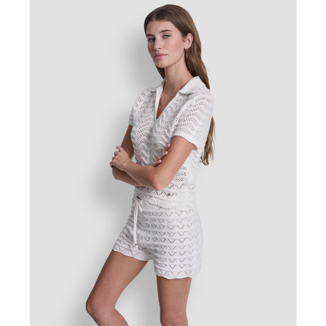 Dkny Jeans Women's Short-Sleeve V-Neck Polo Cropped Sweater