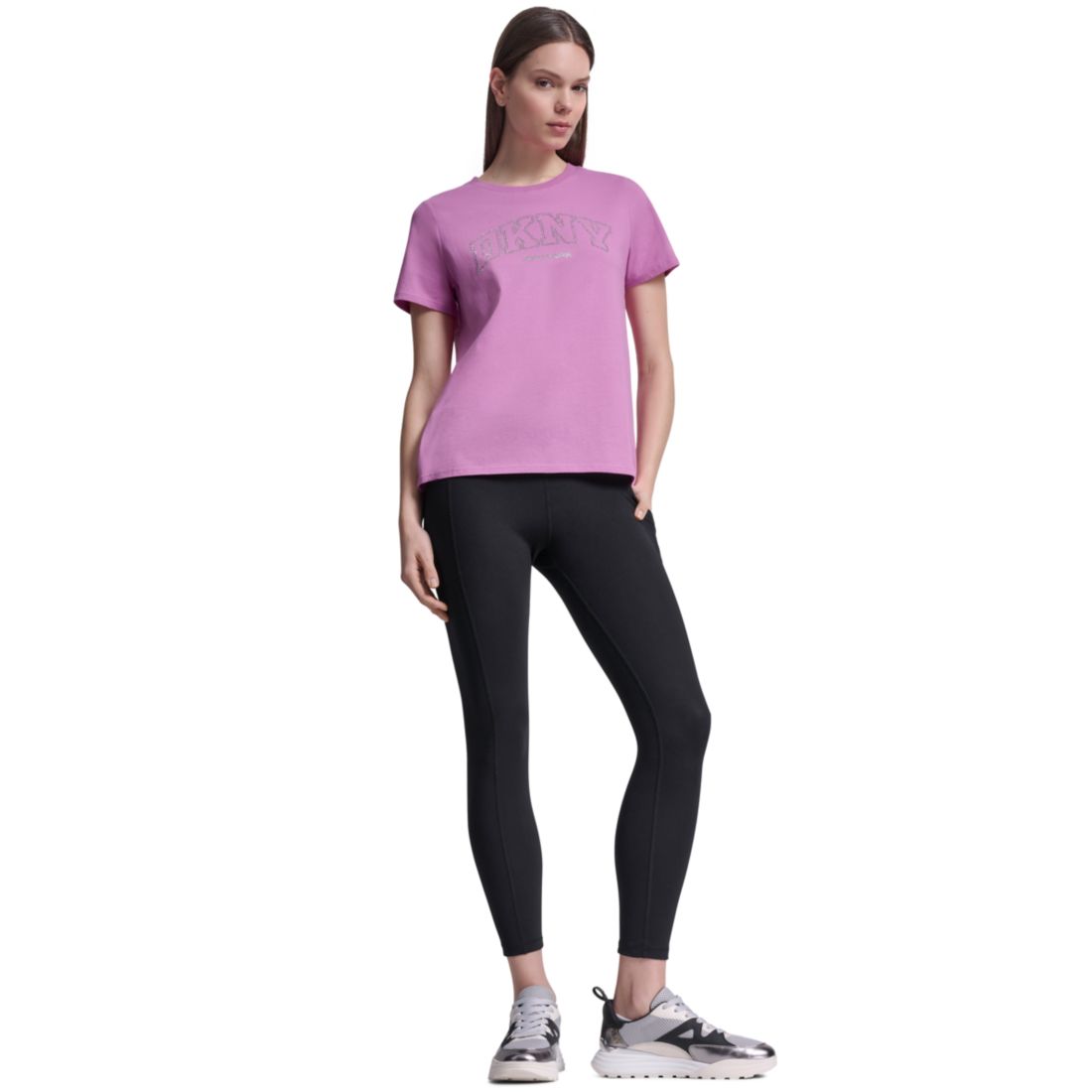 Dkny Sport Women's Rhinestone Varsity Logo Relaxed Fit Pull-On T-Shirt