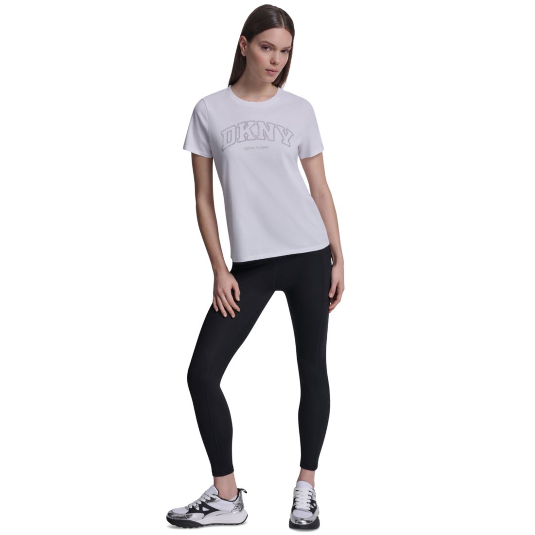 Dkny Sport Women's Rhinestone Varsity Logo Relaxed Fit Pull-On T-Shirt