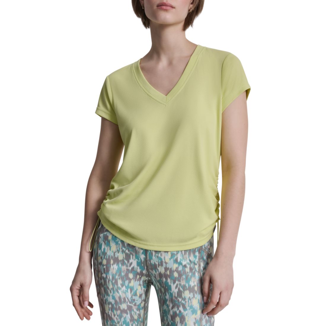 Dkny Sport Women's Ruched Side Seams V-Neck Tech T-Shirt