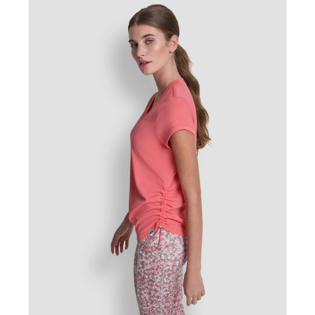 Dkny Sport Women's Ruched Side Seams V-Neck Tech T-Shirt