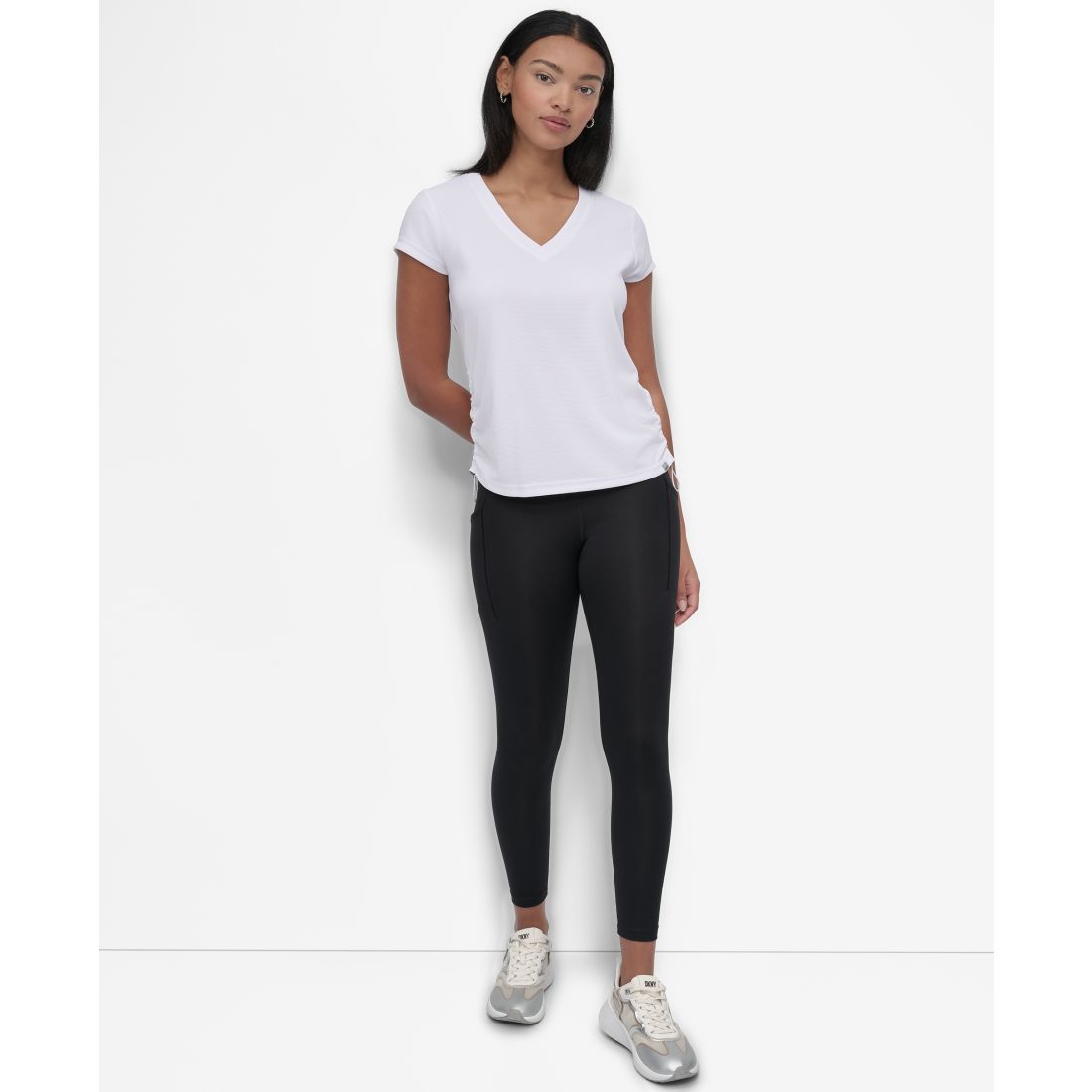 Dkny Sport Women's Ruched Side Seams V-Neck Tech T-Shirt