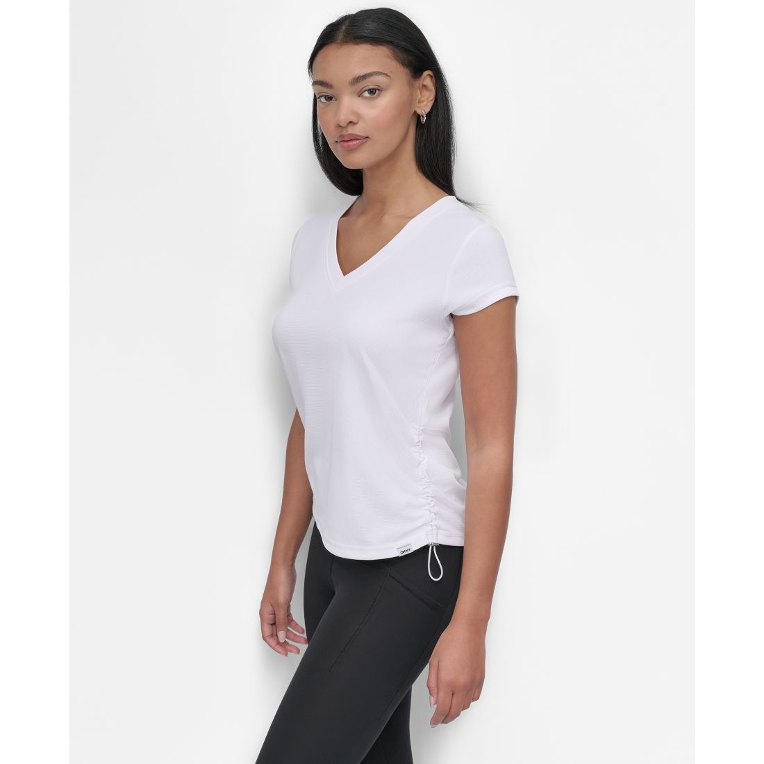 Dkny Sport Women's Ruched Side Seams V-Neck Tech T-Shirt