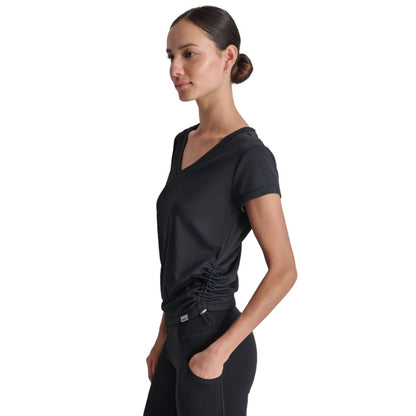 Dkny Sport Women's Ruched Side Seams V-Neck Tech T-Shirt