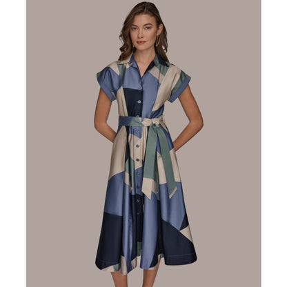 Donna Karan New York Women's Cap-Sleeve Spread Collar Geometric Colorblock Midi Shirt Dress
