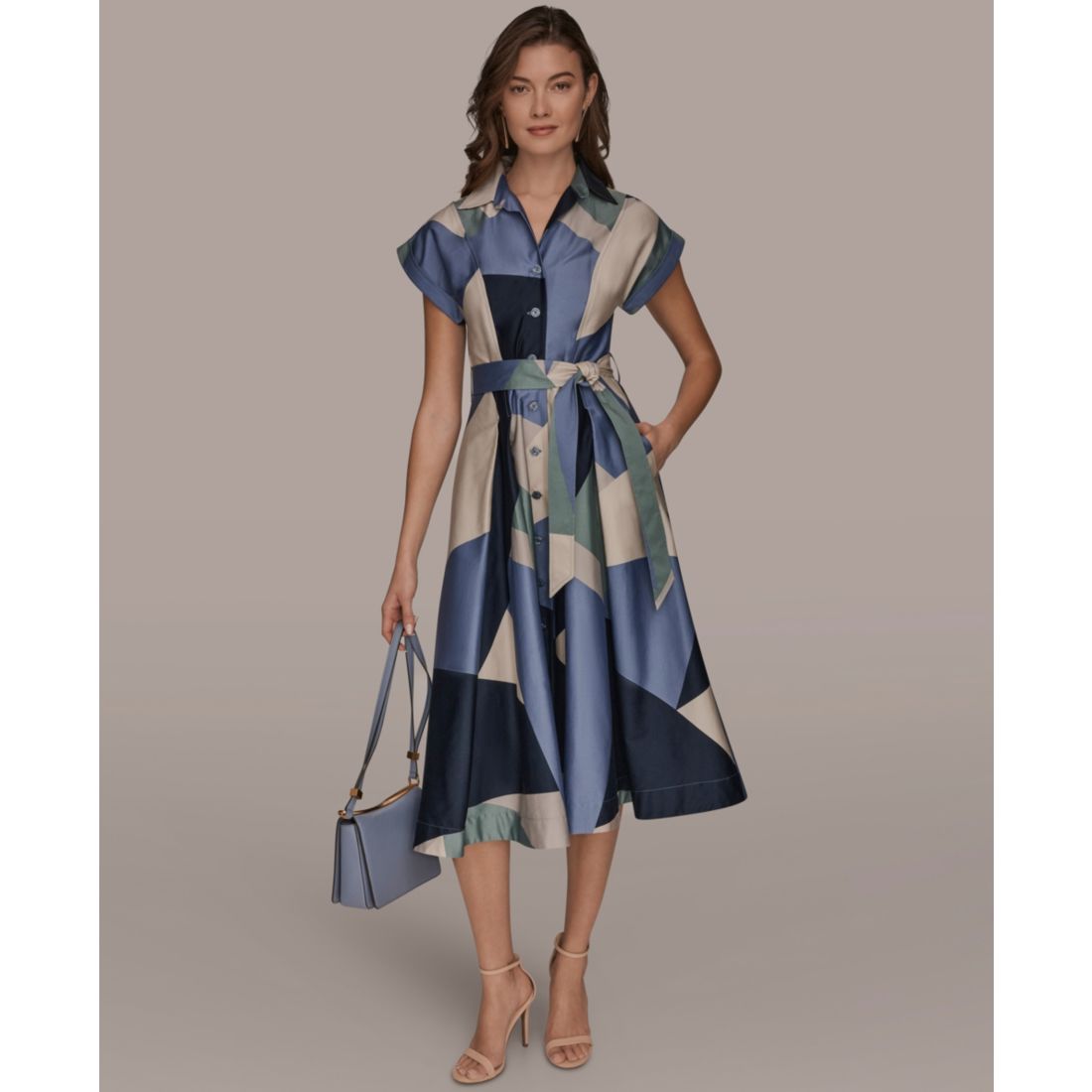 Donna Karan New York Women's Cap-Sleeve Spread Collar Geometric Colorblock Midi Shirt Dress
