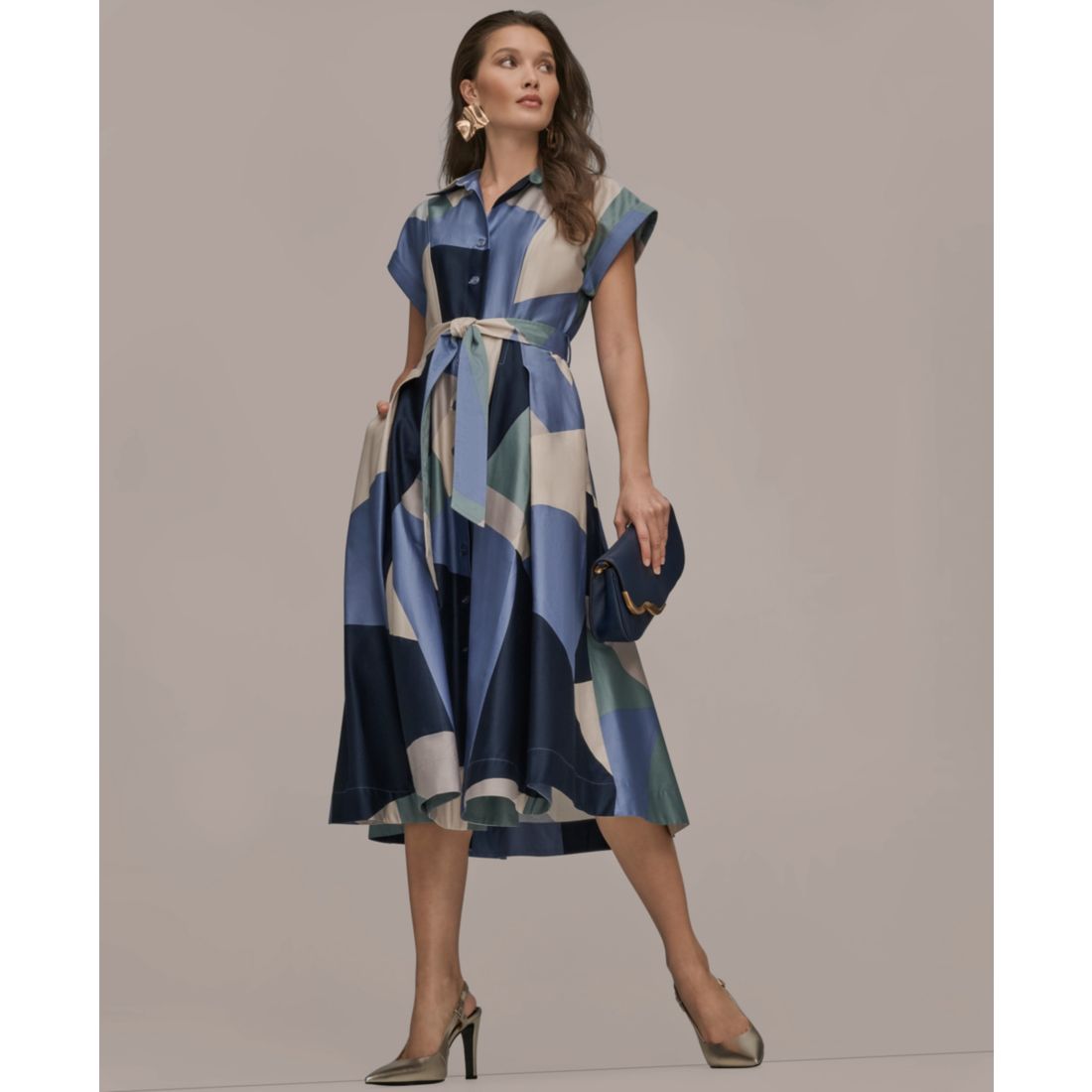 Donna Karan New York Women's Cap-Sleeve Spread Collar Geometric Colorblock Midi Shirt Dress