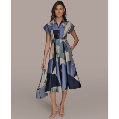 Donna Karan New York Women's Cap-Sleeve Spread Collar Geometric Colorblock Midi Shirt Dress