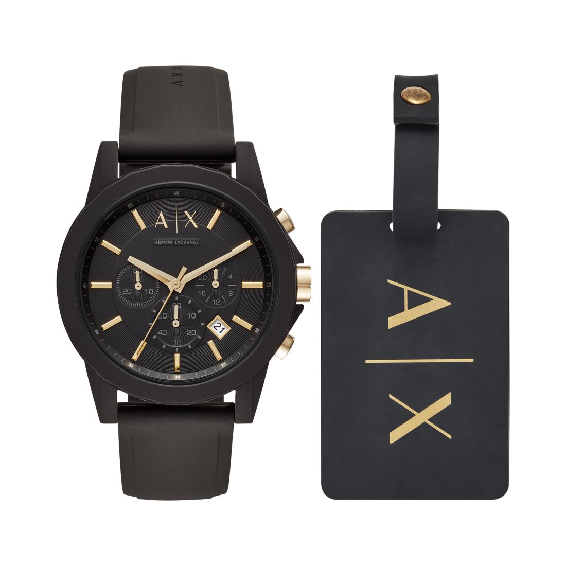 A|X Armani Exchange Men's Chronograph Black Silicone Strap Watch 45mm Gift Set