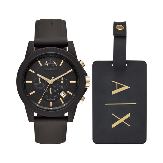A|X Armani Exchange Men's Chronograph Black Silicone Strap Watch 45mm Gift Set