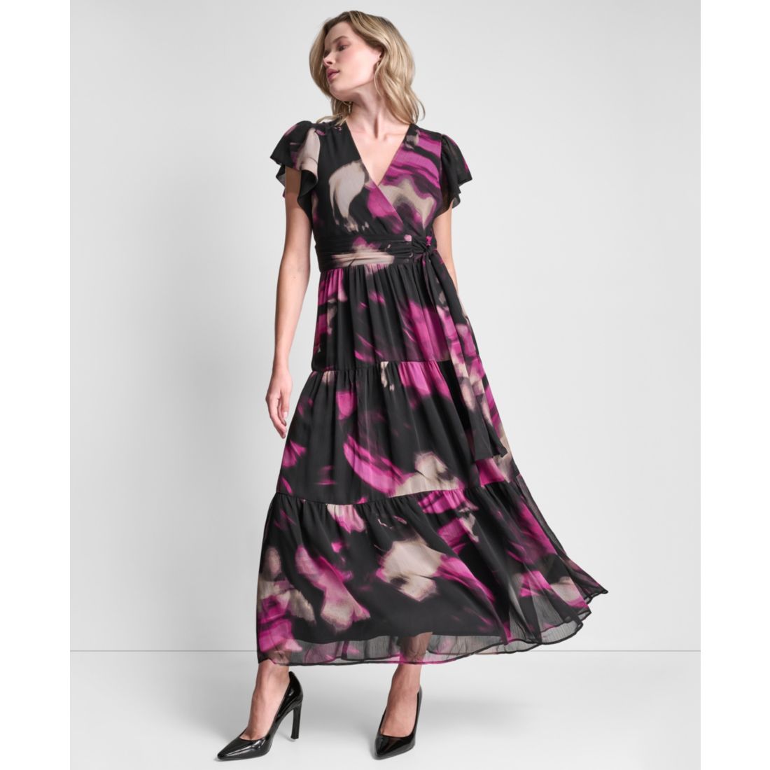 Dkny Women's Ruffle Cap Sleeve Surplice Neck Maxi Dress