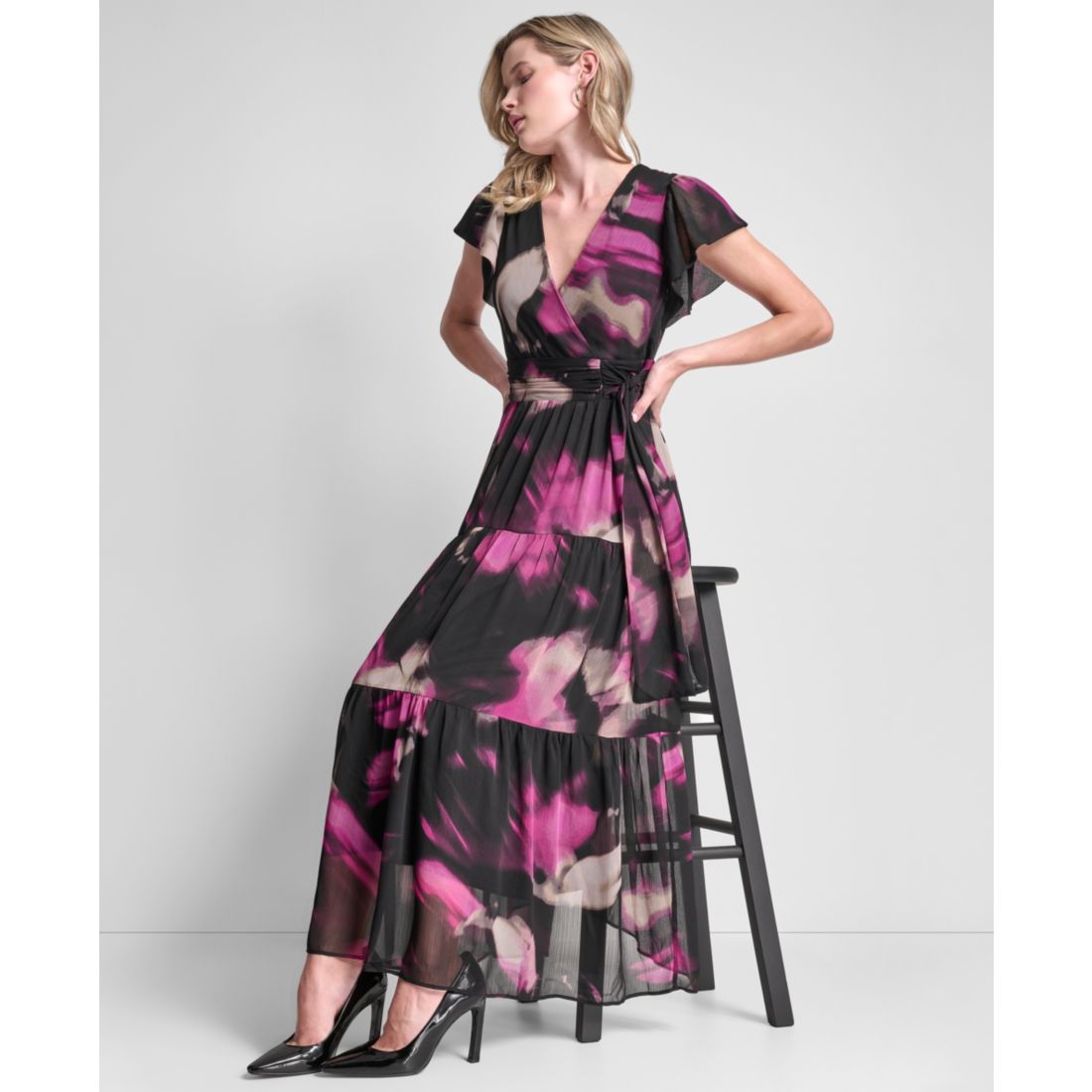 Dkny Women's Ruffle Cap Sleeve Surplice Neck Maxi Dress