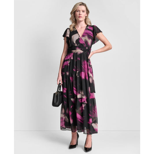 Dkny Women's Ruffle Cap Sleeve Surplice Neck Maxi Dress