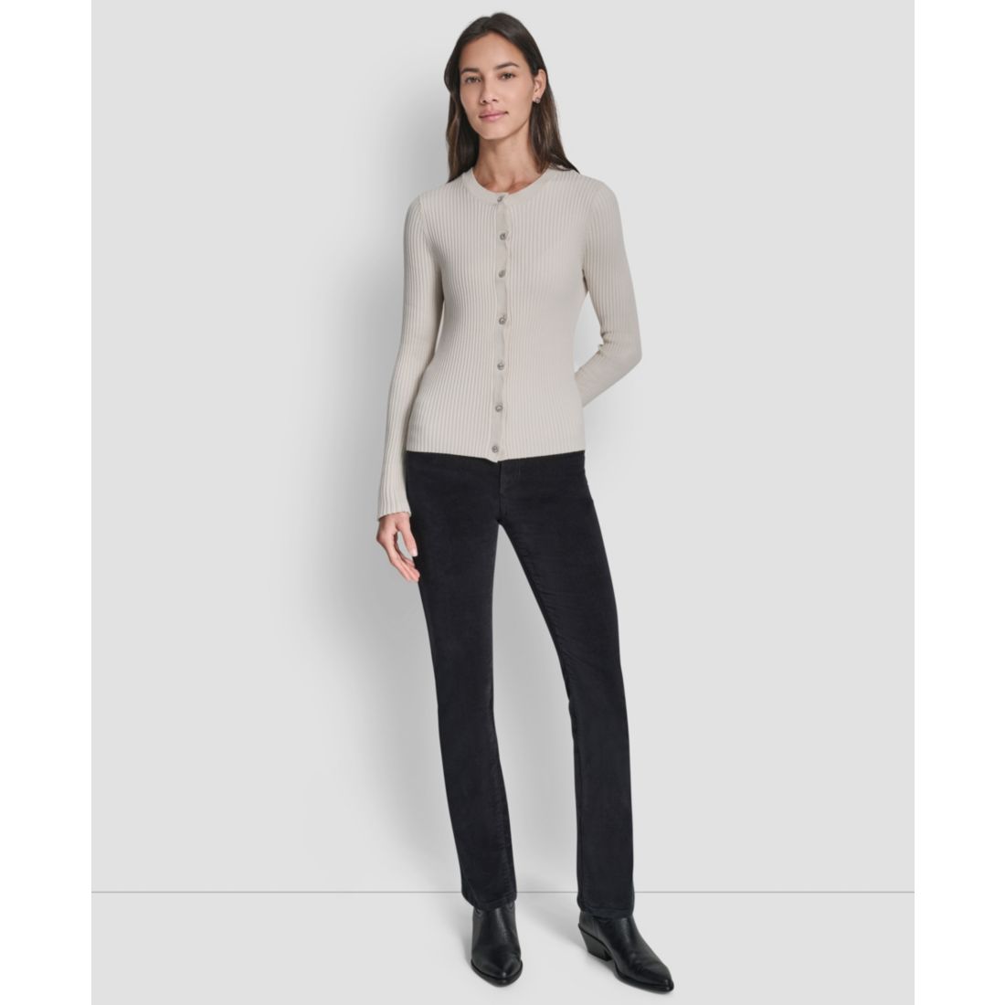 Dkny Jeans Women's Long-Sleeve Ribbed Rhinestone Button Cardigan Sweater