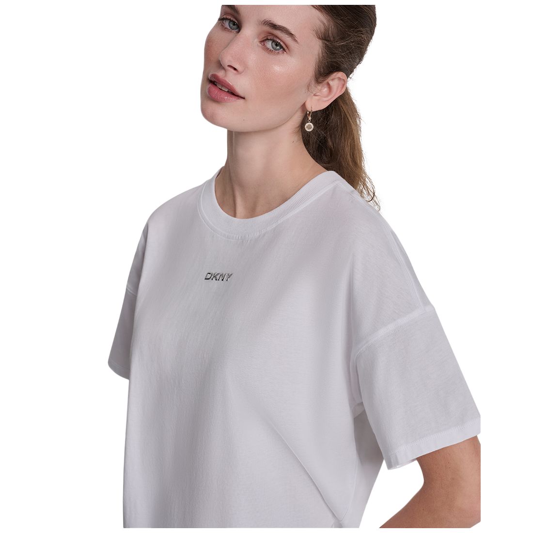 Dkny Sport Women's Metallic Bubble Logo Drop Shoulder Pull-On T-Shirt