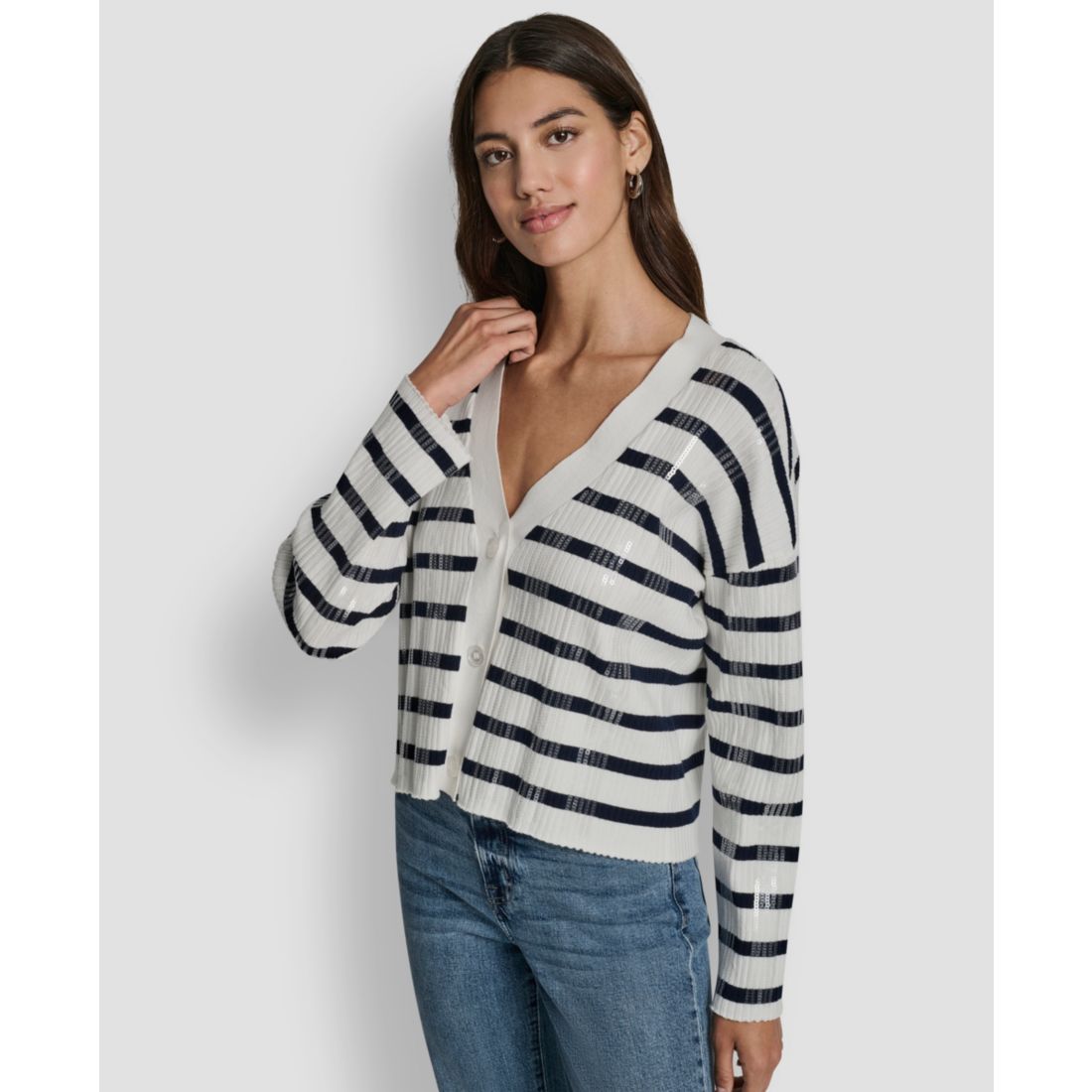 Dkny Jeans Women's Striped Cropped Long-Sleeve Cardigan Sweater