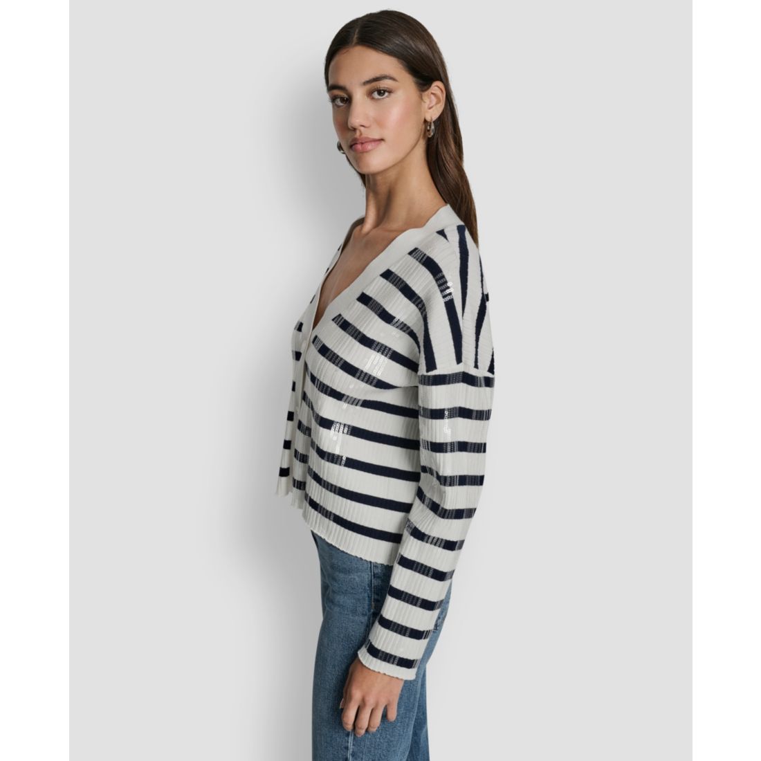 Dkny Jeans Women's Striped Cropped Long-Sleeve Cardigan Sweater
