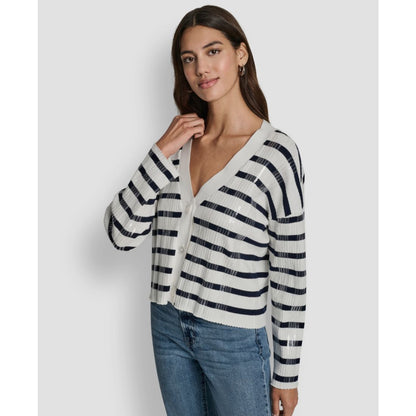 Dkny Jeans Women's Striped Cropped Long-Sleeve Cardigan Sweater