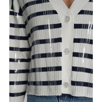 Dkny Jeans Women's Striped Cropped Long-Sleeve Cardigan Sweater