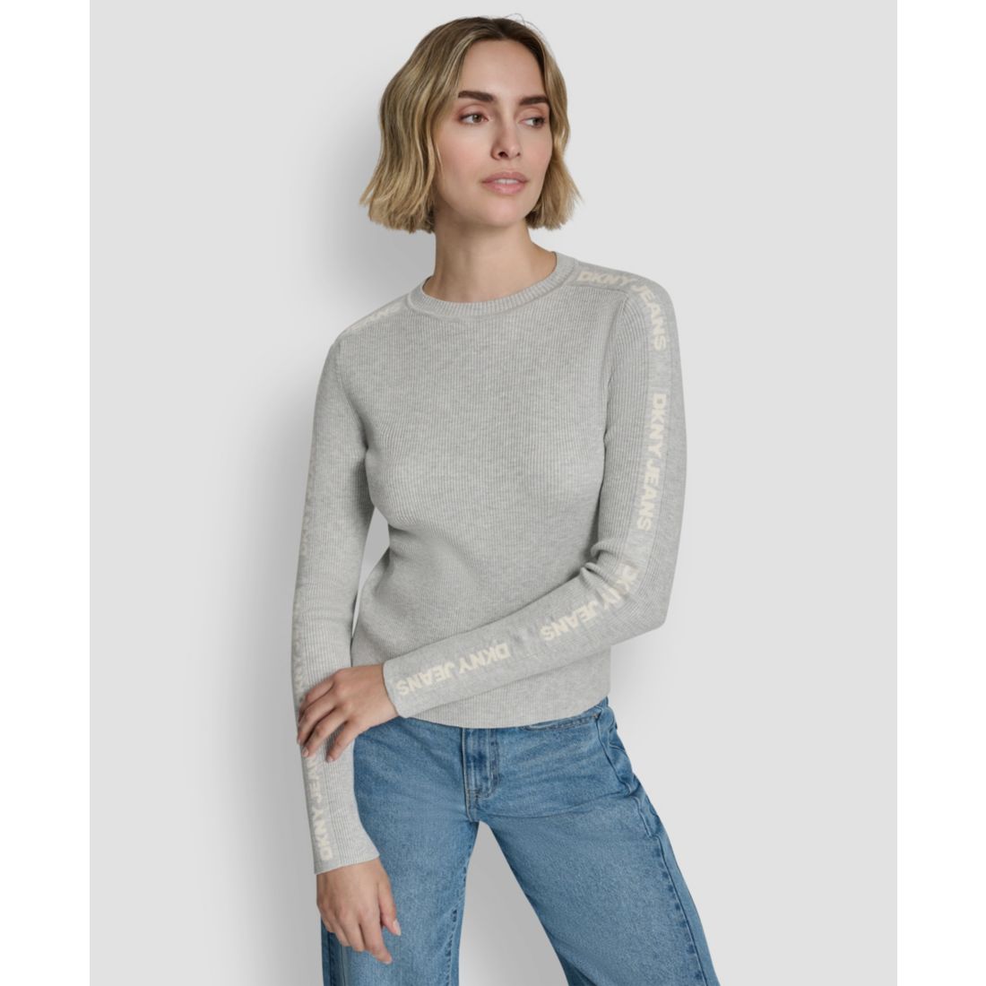 Dkny Jeans Women's Long-Sleeve Logo Trim Crewneck Sweater