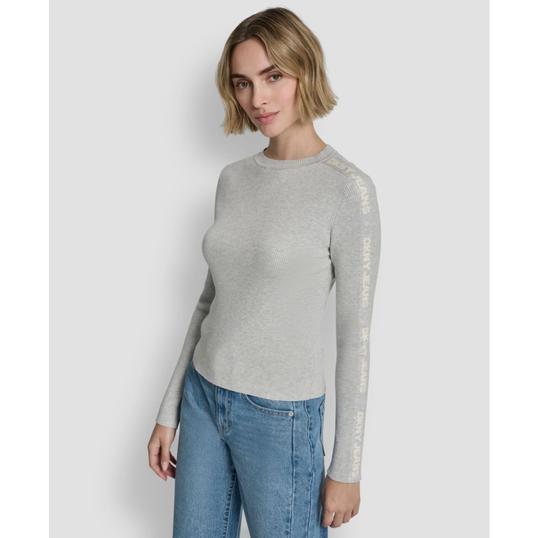 Dkny Jeans Women's Long-Sleeve Logo Trim Crewneck Sweater