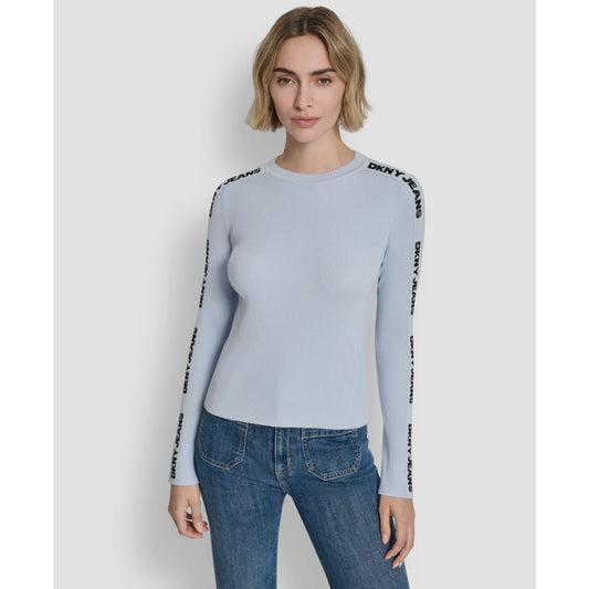 Dkny Jeans Women's Long-Sleeve Logo Trim Crewneck Sweater